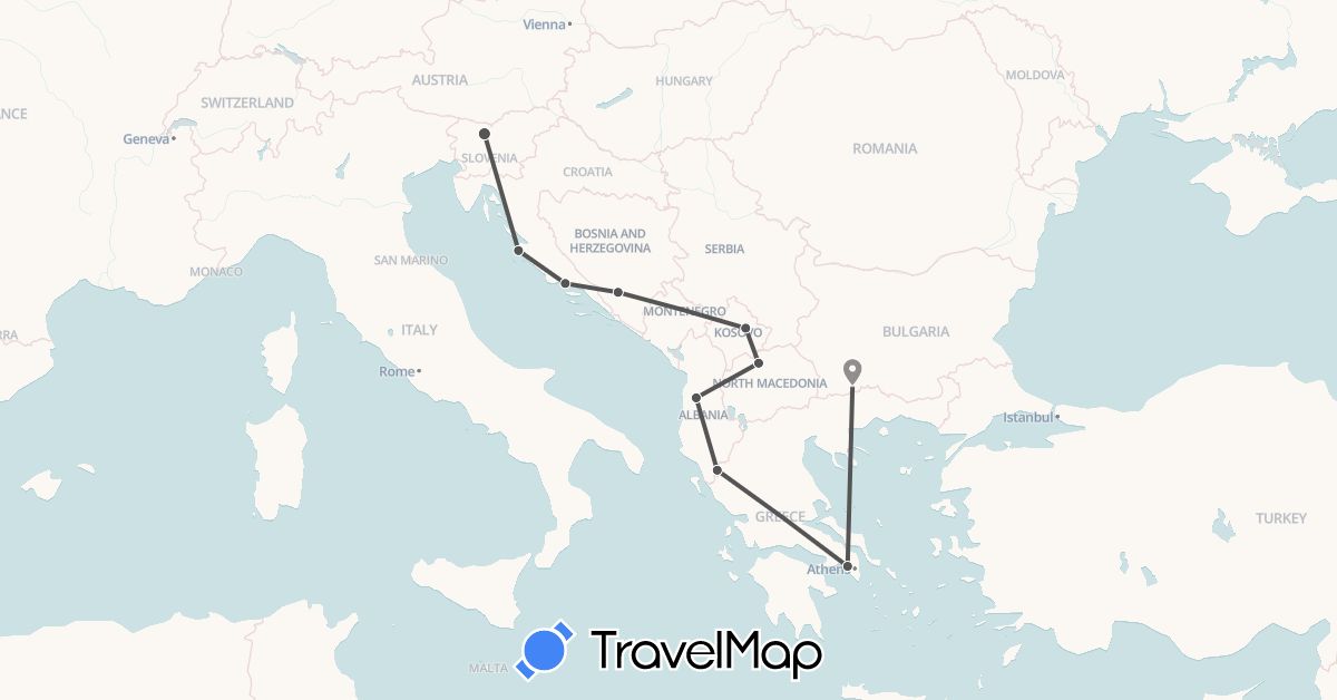 TravelMap itinerary: driving, motorbike in Albania, Bosnia and Herzegovina, Bulgaria, Greece, Croatia, Macedonia, Slovenia, Kosovo (Europe)